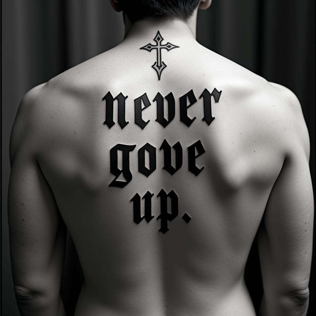 never give uptext-based tattoo, gothic font ultra-realistic, perfectly placed, high-quality font design, photo-realistic shading, 8k, high quality, finely detailed typography - Variation 4