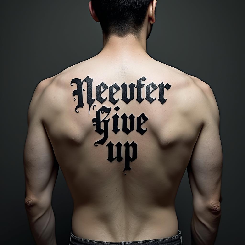 never give uptext-based tattoo, gothic font ultra-realistic, perfectly placed, high-quality font design, photo-realistic shading, 8k, high quality, finely detailed typography - Variation 2