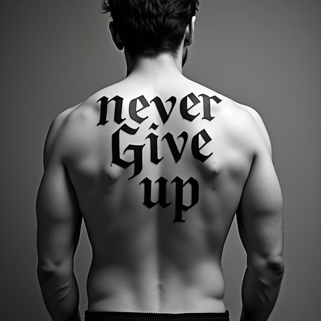 never give uptext-based tattoo, gothic font ultra-realistic, perfectly placed, high-quality font design, photo-realistic shading, 8k, high quality, finely detailed typography
