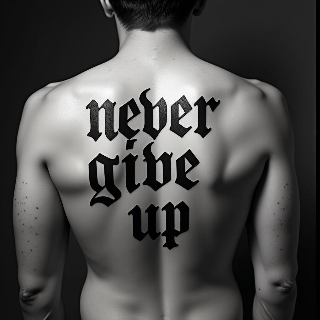 never give uptext-based tattoo, gothic font ultra-realistic, perfectly placed, high-quality font design, photo-realistic shading, 8k, high quality, finely detailed typography - Variation 3