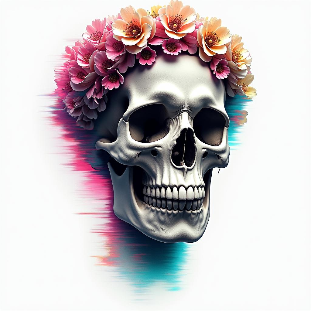 Skull, cherry, cancer star sign, water elementin distorted and fragmented tattoo design, featuring a classical statue bust, in a glitch art style with vibrant, overlapping colors of cyan, magenta, and yellow, creating a digital distortion effect