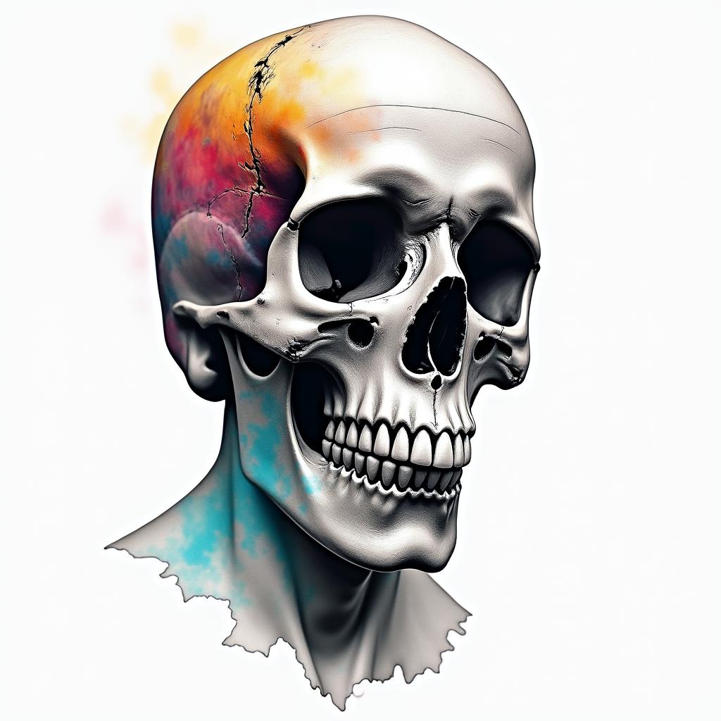 Skull, cherry, cancer star sign, water elementin distorted and fragmented tattoo design, featuring a classical statue bust, in a glitch art style with vibrant, overlapping colors of cyan, magenta, and yellow, creating a digital distortion effect - Variation 3