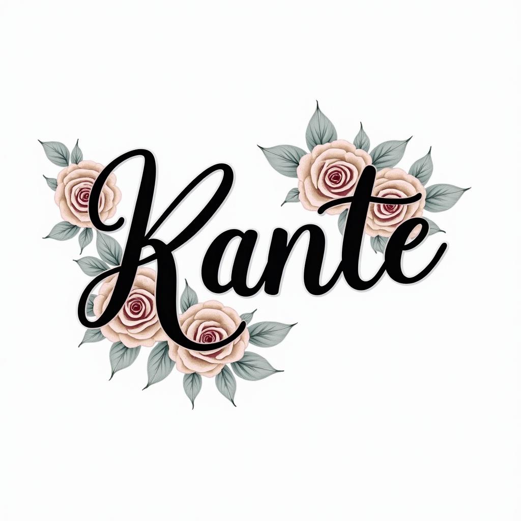 Keantein elegant cursive calligraphy style 2d tattoo, decorate with roses, featuring a smooth and flowing handwritten script with slightly thickened strokes for a luxurious and bold appearance, heart symbol between names, sleek and glossy black text with shadowing, minimalist matte white background, clean and sharp edges, illuminated with soft lighting, romantic, 8k, high-quality textures with refined typography - Variation 4