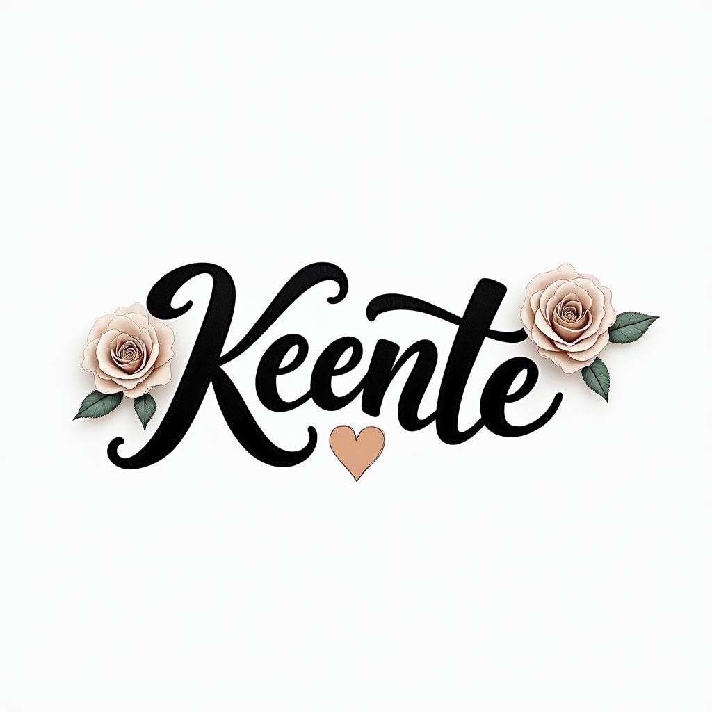 Keantein elegant cursive calligraphy style 2d tattoo, decorate with roses, featuring a smooth and flowing handwritten script with slightly thickened strokes for a luxurious and bold appearance, heart symbol between names, sleek and glossy black text with shadowing, minimalist matte white background, clean and sharp edges, illuminated with soft lighting, romantic, 8k, high-quality textures with refined typography