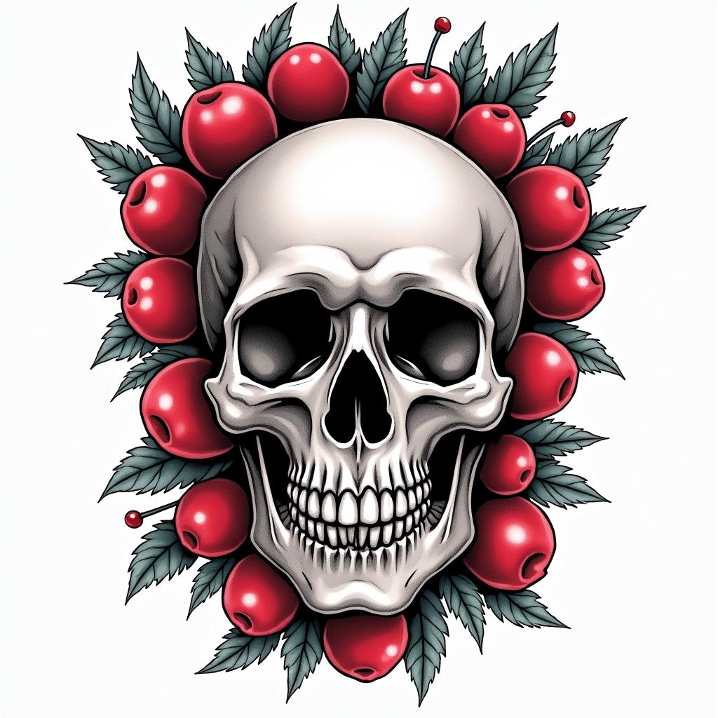 Pretty skull and cherriesin pop art style tattoo, featuring bold and vibrant colors, exaggerated outlines, iconic imagery, inspired by comic books and speech bubbles, comic book characters, retro pop culture - Variation 3