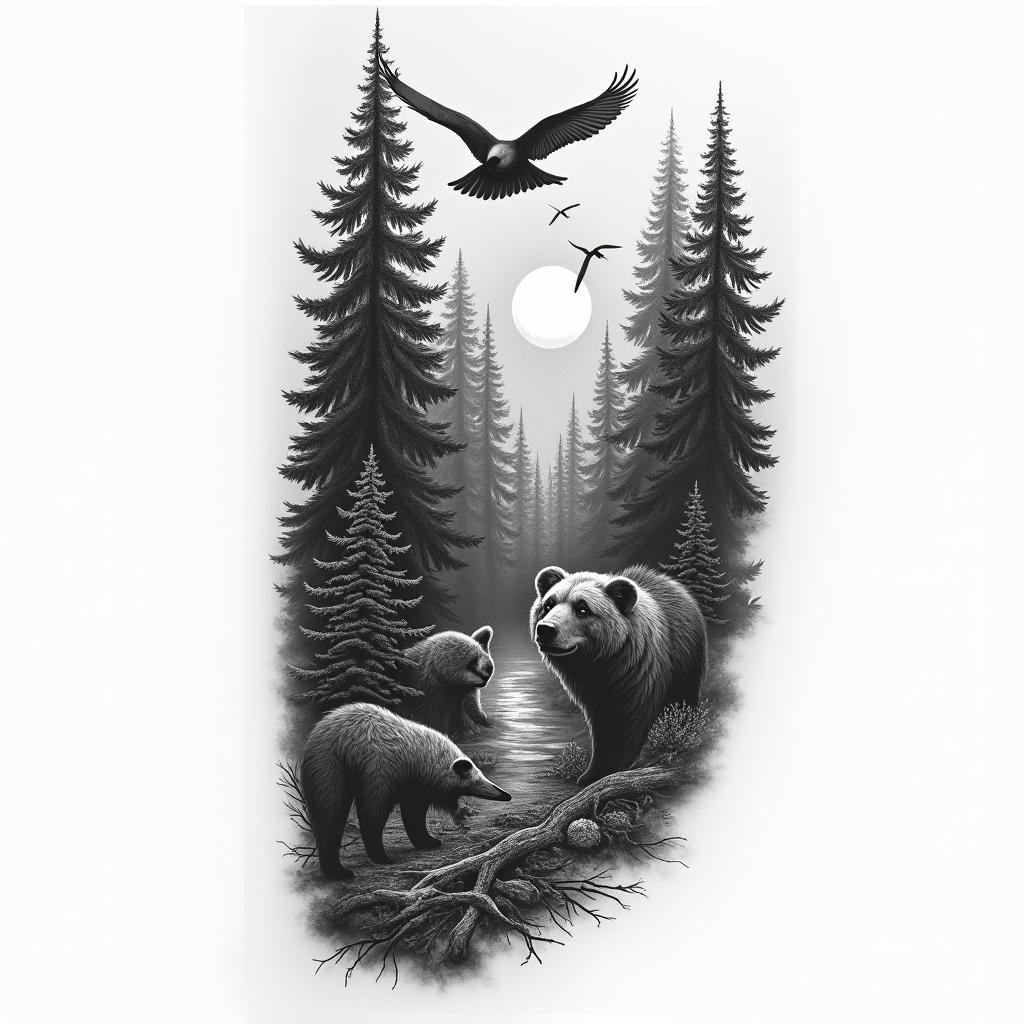 Full arm sleeve, forest theme, with birds, wolves, bears, and a sunrisein realism tattoo style, featuring a highly detailed, lifelike, capturing every detail, photorealistic, ultra realistic, intricate shading, smooth and sharp, - Variation 3