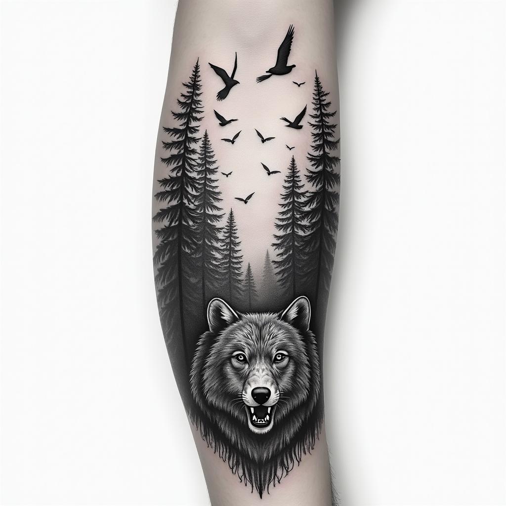 Full arm sleeve, forest theme, with birds, wolves, bears, and a sunrisein realism tattoo style, featuring a highly detailed, lifelike, capturing every detail, photorealistic, ultra realistic, intricate shading, smooth and sharp, - Variation 2
