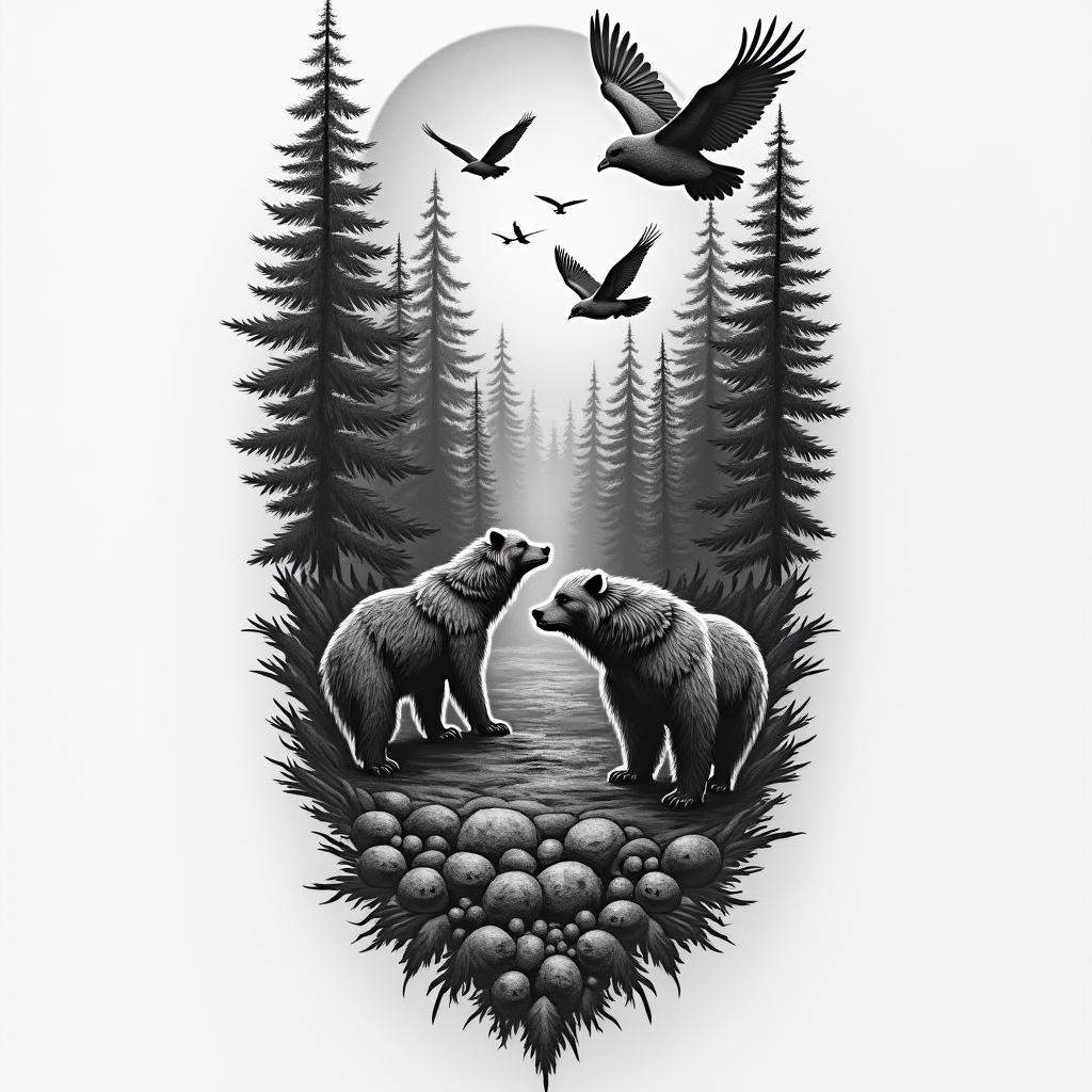 Full arm sleeve, forest theme, with birds, wolves, bears, and a sunrisein realism tattoo style, featuring a highly detailed, lifelike, capturing every detail, photorealistic, ultra realistic, intricate shading, smooth and sharp, - Variation 4