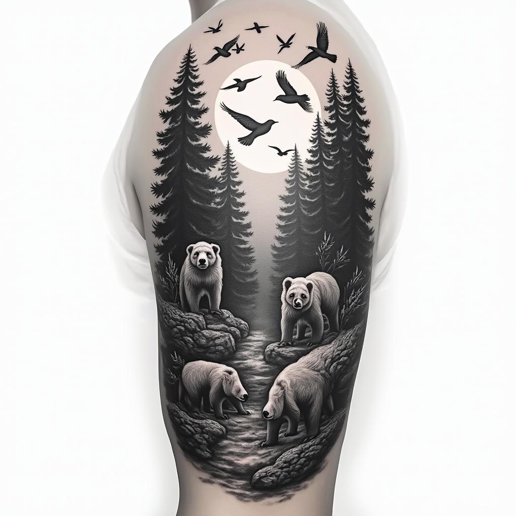 Full arm sleeve, forest theme, with birds, wolves, bears, and a sunrisein realism tattoo style, featuring a highly detailed, lifelike, capturing every detail, photorealistic, ultra realistic, intricate shading, smooth and sharp,