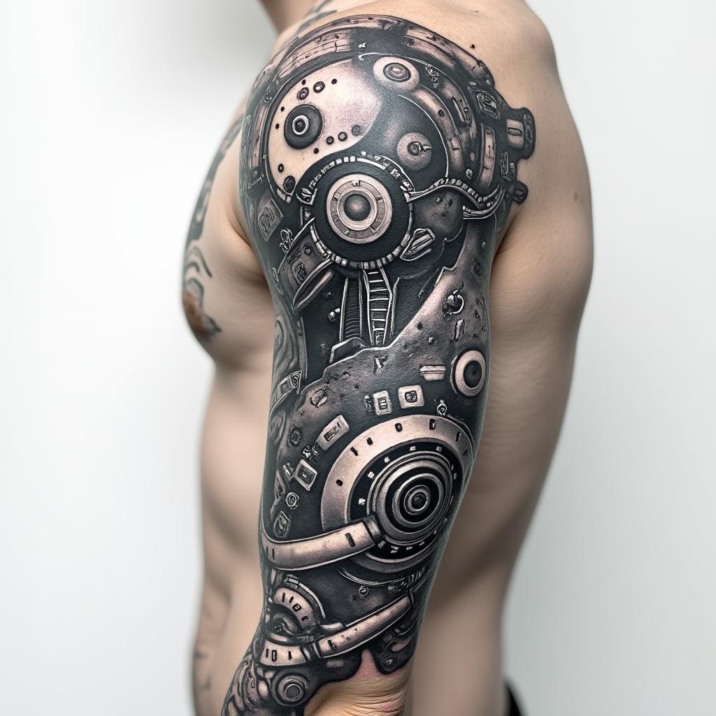 Automotive mechanics sleevetattoo in biomechanic style, the tattoo covered by robotic elements of futuristic cyberpunk design, robotic features detail, showcasing intricate mechanical components - Variation 2