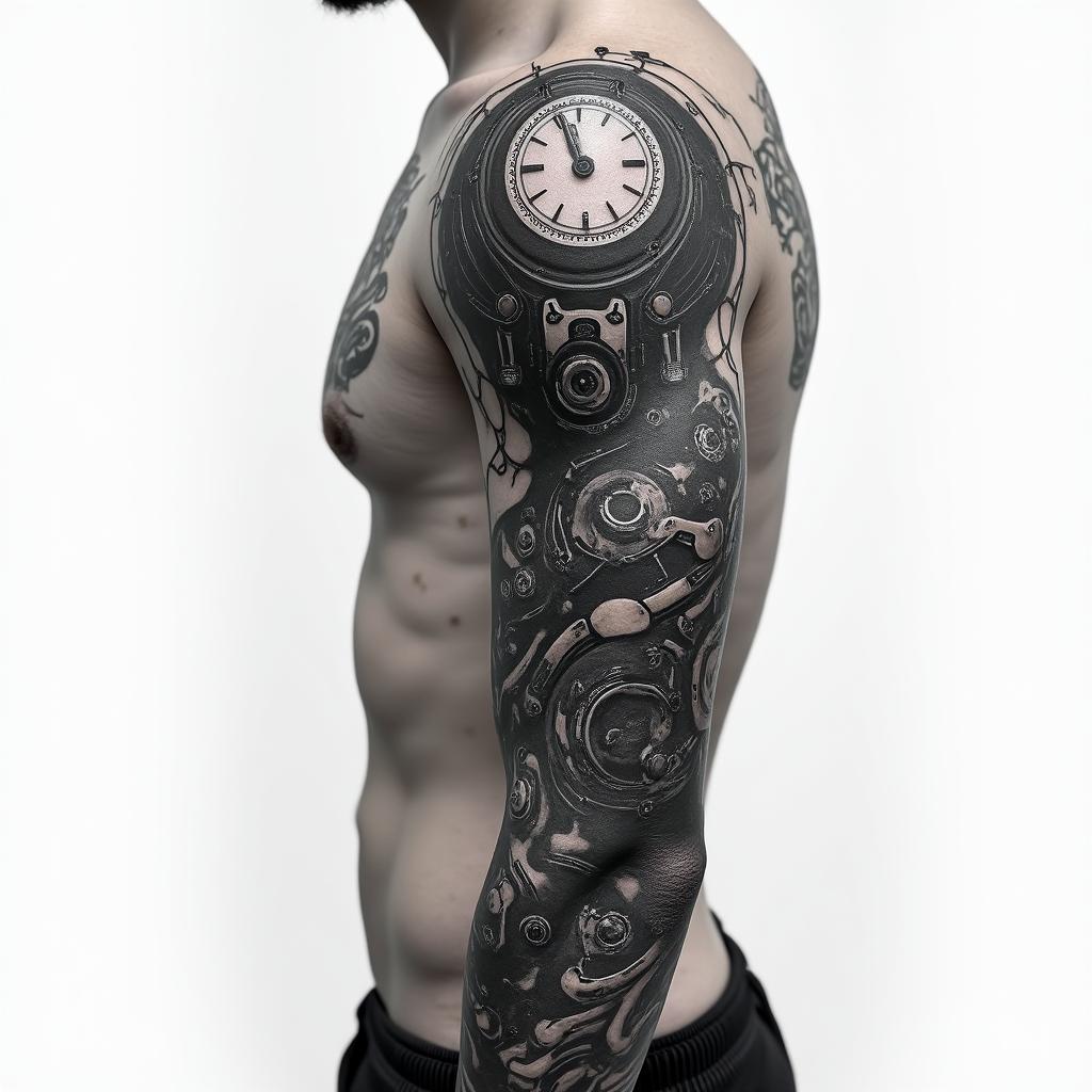Automotive mechanics sleevetattoo in biomechanic style, the tattoo covered by robotic elements of futuristic cyberpunk design, robotic features detail, showcasing intricate mechanical components - Variation 4