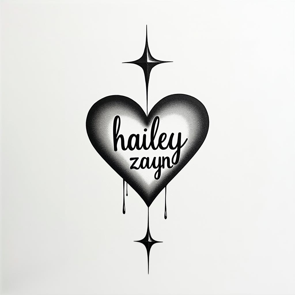 Small geometric design with the names "Hailey" in a heart and "Zayn" in a star, both in black, kept simple.higly detailed tattoo