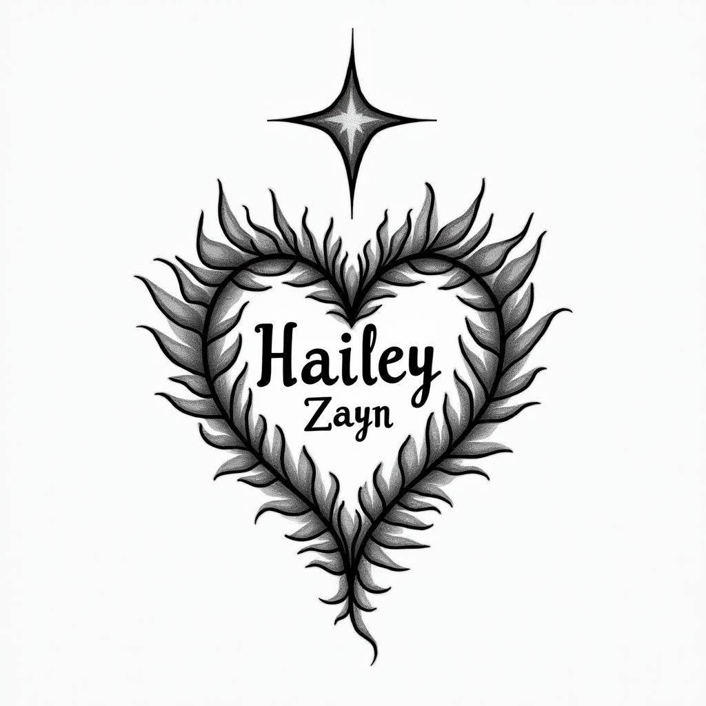 Small geometric design with the names "Hailey" in a heart and "Zayn" in a star, both in black, kept simple.higly detailed tattoo - Variation 3