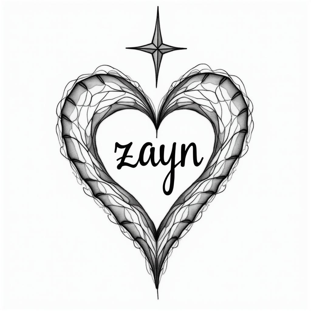 Small geometric design with the names "Hailey" in a heart and "Zayn" in a star, both in black, kept simple.higly detailed tattoo - Variation 4