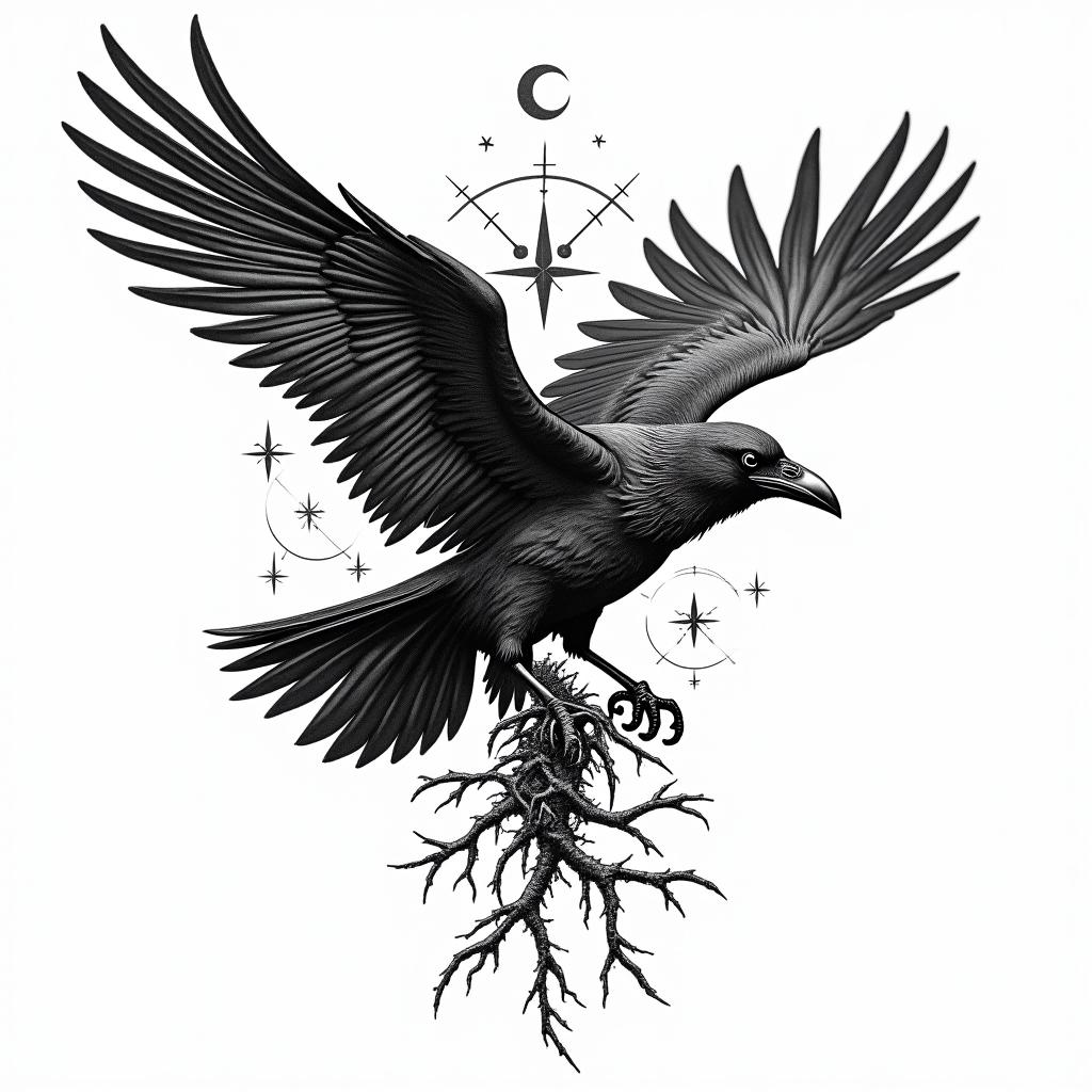 Crow, entangled in wings, thorns, sideways, flapping.in paganic style tattoo, featuring ancient symbols, add vegvisir symbol, mystical figures, incorporating designs, pentagrams, runes, crescent moons, - Variation 4
