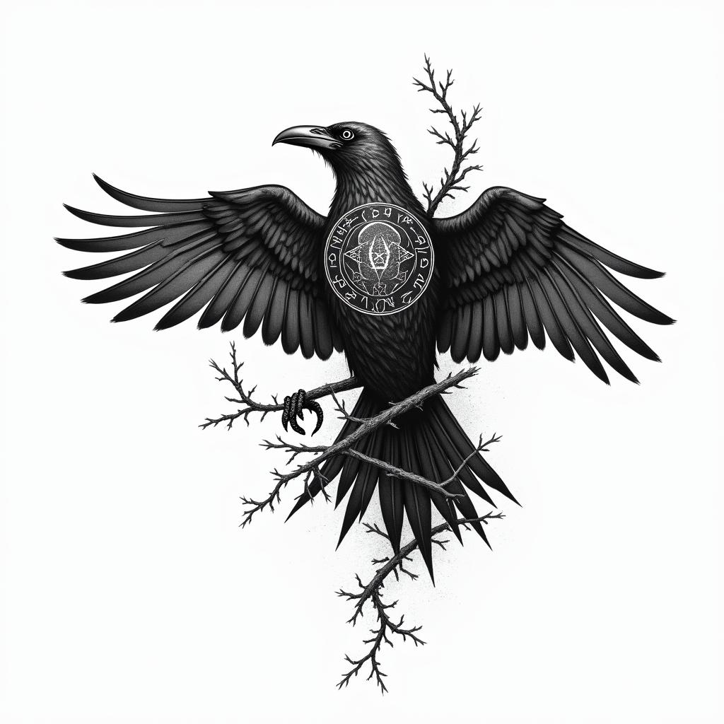 Crow, entangled in wings, thorns, sideways, flapping.in paganic style tattoo, featuring ancient symbols, add vegvisir symbol, mystical figures, incorporating designs, pentagrams, runes, crescent moons, - Variation 2