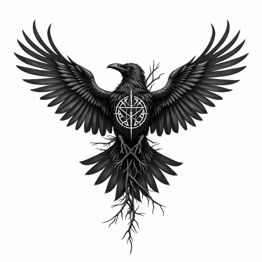 Crow, entangled in wings, thorns, sideways, flapping.in paganic style tattoo, featuring ancient symbols, add vegvisir symbol, mystical figures, incorporating designs, pentagrams, runes, crescent moons,