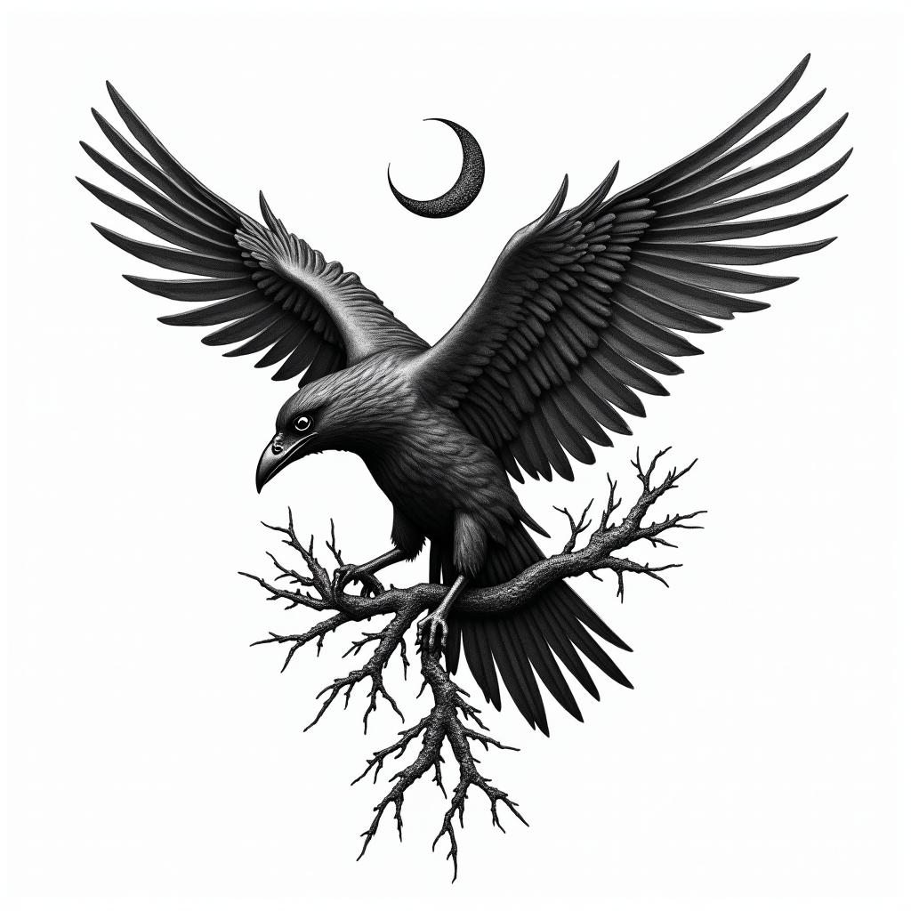 Crow, entangled in wings, thorns, sideways, flapping.in paganic style tattoo, featuring ancient symbols, add vegvisir symbol, mystical figures, incorporating designs, pentagrams, runes, crescent moons, - Variation 3