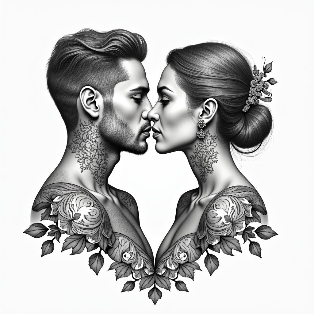 My name is Cristina and my partener is Ramses we have been trough a lot on our relationship - I have moved abroad but we always came back to each otherin ornamental tattoo style, featuring intricate symmetrical patterns and floral designs, showcasing highly detailed line work and geometric shapes, creating a sense of elegance and balance - Variation 2