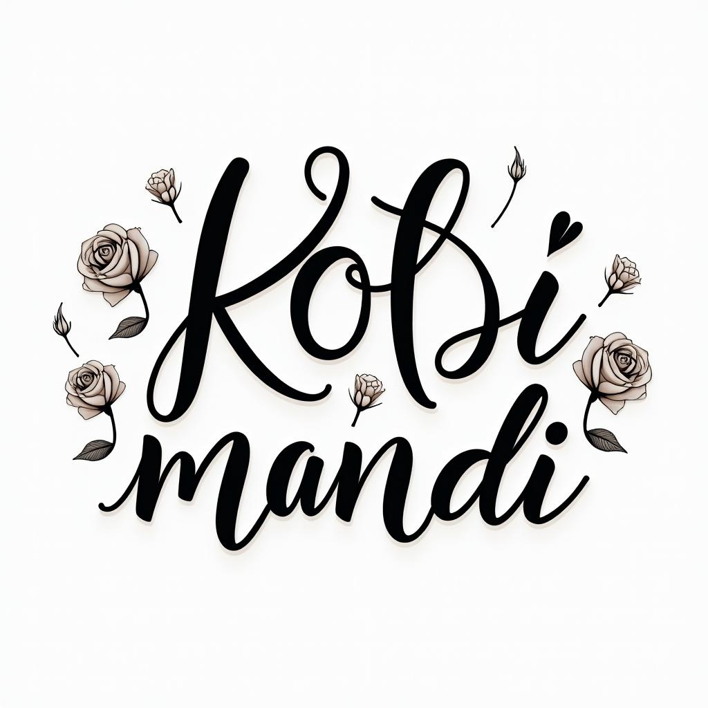 Kodi & Mandi 3.8.24in elegant cursive calligraphy style 2d tattoo, decorate with roses, featuring a smooth and flowing handwritten script with slightly thickened strokes for a luxurious and bold appearance, heart symbol between names, sleek and glossy black text with shadowing, minimalist matte white background, clean and sharp edges, illuminated with soft lighting, romantic, 8k, high-quality textures with refined typography - Variation 4