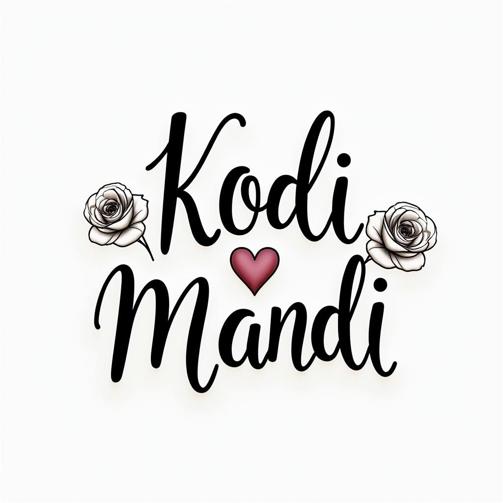 Kodi & Mandi 3.8.24in elegant cursive calligraphy style 2d tattoo, decorate with roses, featuring a smooth and flowing handwritten script with slightly thickened strokes for a luxurious and bold appearance, heart symbol between names, sleek and glossy black text with shadowing, minimalist matte white background, clean and sharp edges, illuminated with soft lighting, romantic, 8k, high-quality textures with refined typography - Variation 1