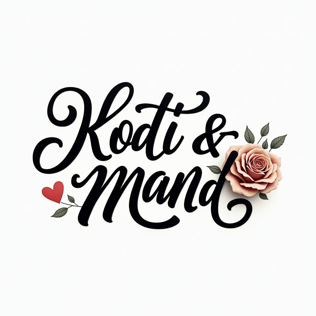 Kodi & Mandi 3.8.24in elegant cursive calligraphy style 2d tattoo, decorate with roses, featuring a smooth and flowing handwritten script with slightly thickened strokes for a luxurious and bold appearance, heart symbol between names, sleek and glossy black text with shadowing, minimalist matte white background, clean and sharp edges, illuminated with soft lighting, romantic, 8k, high-quality textures with refined typography - Variation 2