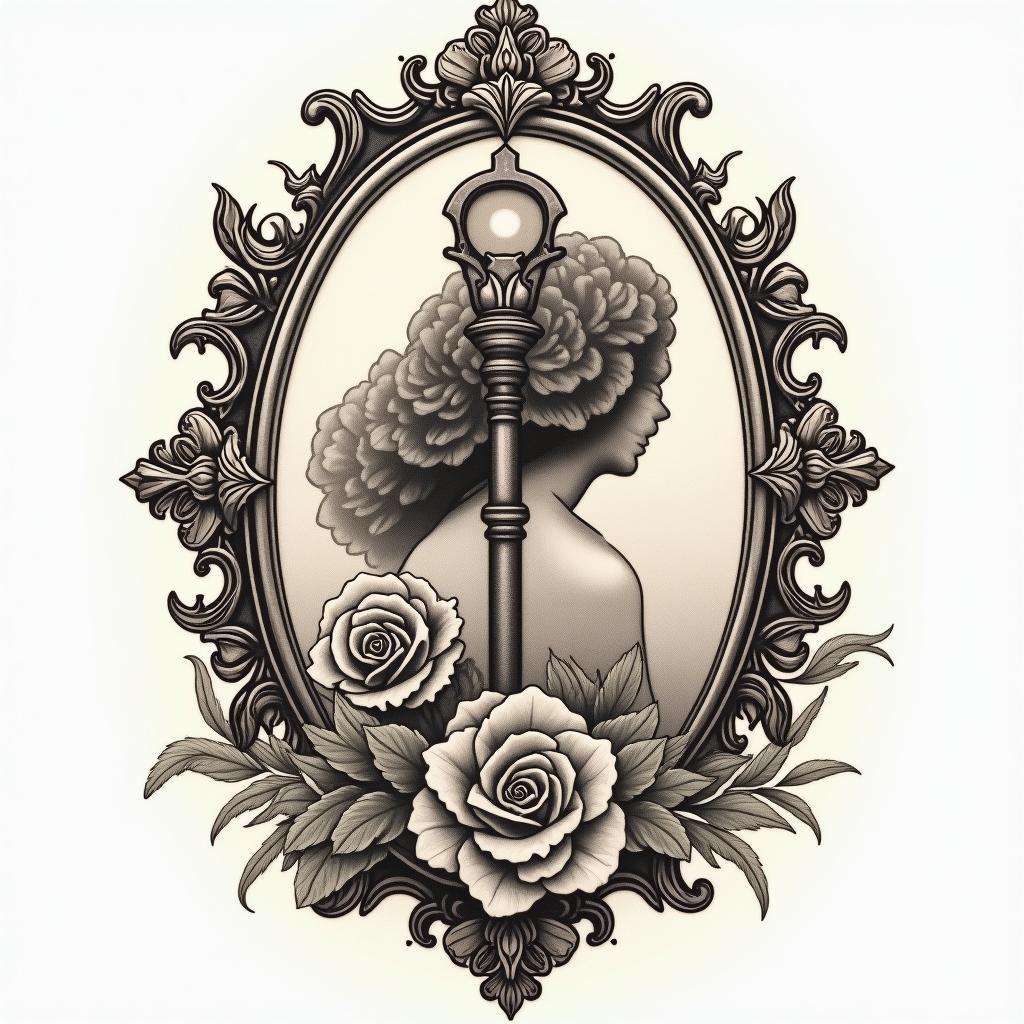 Give me a lever and I will move the world.in victorian style tattoo, featuring vintage and elegant elements, ornate frames, roses, antique, sepia-toned color scheme - Variation 4