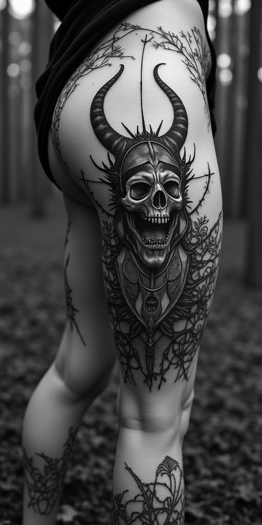 Ambiente: Foresta celtica.
Paesaggio tipico della fantasia celtica alberi , piante, animali.
Si vede la silhouette di una fata e un folletto , che appeso ad un soffione si invola verso una Grande luna troneggiante.
creepy horror tattoo style, featuring an eerie and unsettling skull of a demonic creature, distorted face with sharp fangs, add pentagram symbol - Variation 2