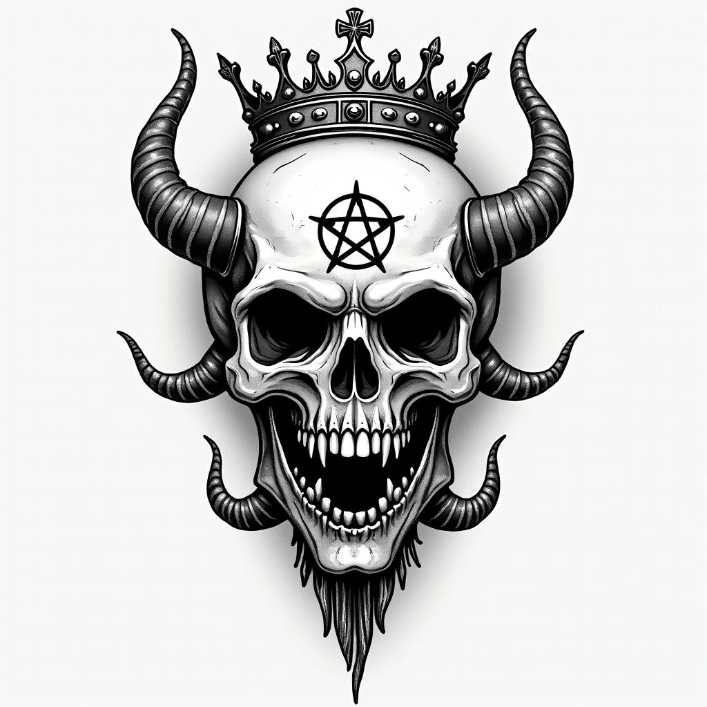 Time piece with what's a king without a crown and a simple crowncreepy horror tattoo style, featuring an eerie and unsettling skull of a demonic creature, distorted face with sharp fangs, add pentagram symbol - Variation 3