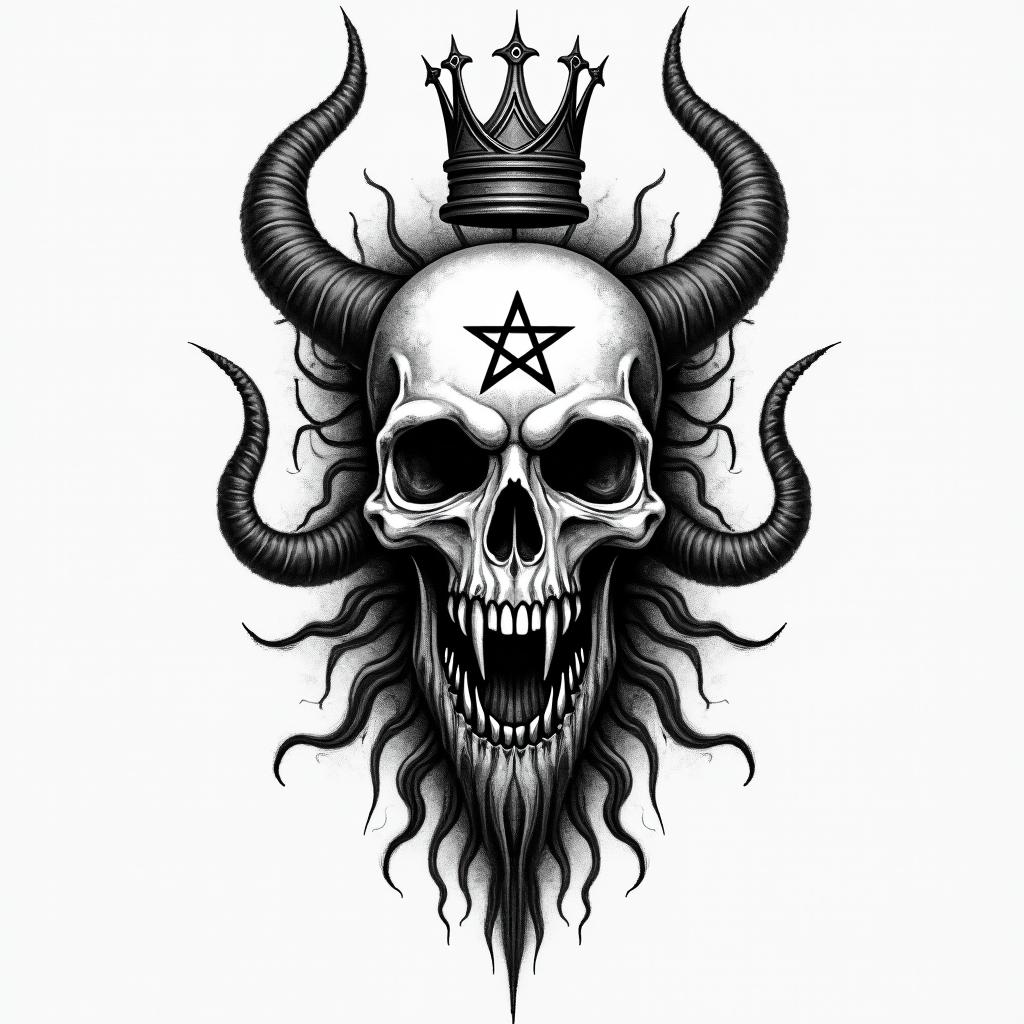 Time piece with what's a king without a crown and a simple crowncreepy horror tattoo style, featuring an eerie and unsettling skull of a demonic creature, distorted face with sharp fangs, add pentagram symbol - Variation 2