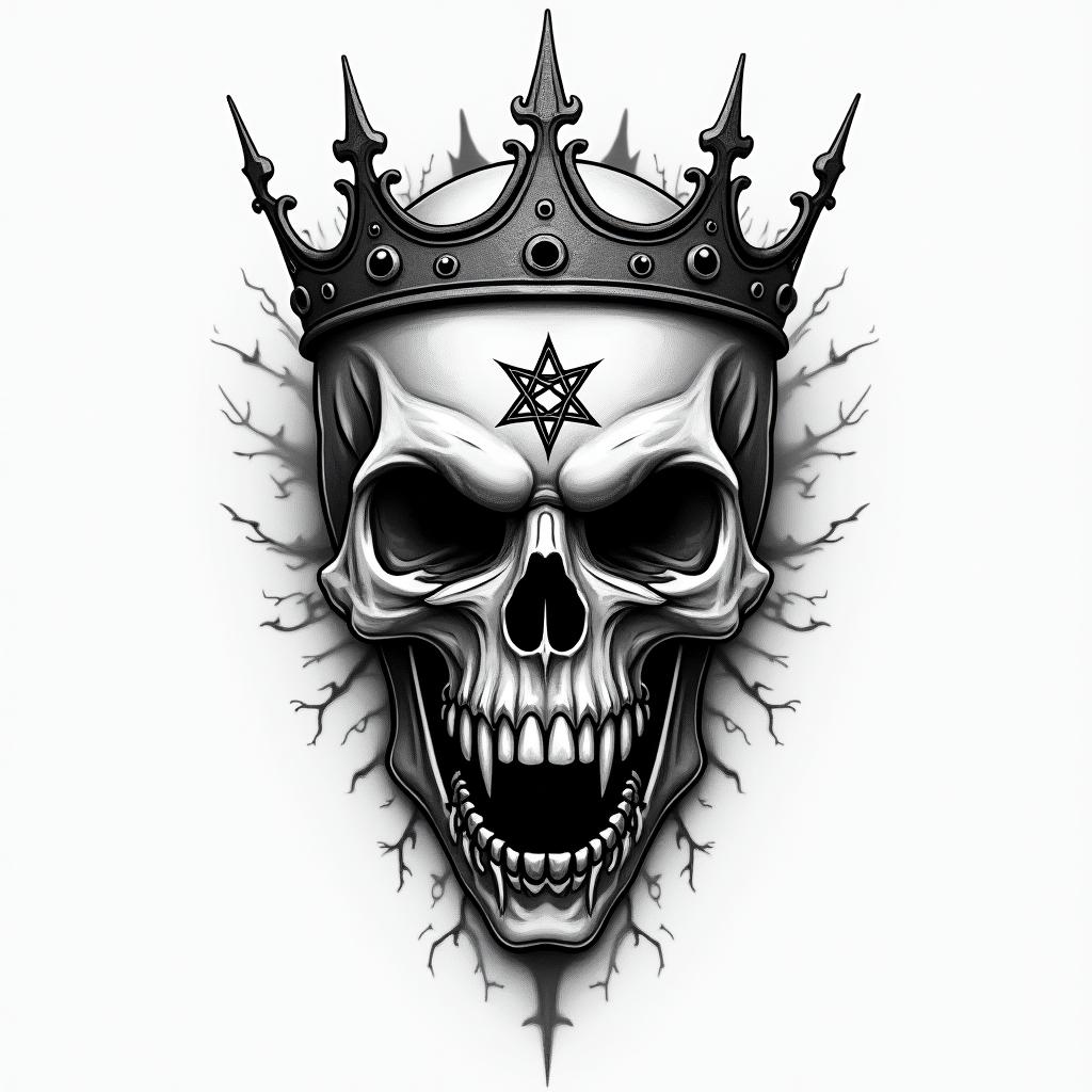 Time piece with what's a king without a crown and a simple crowncreepy horror tattoo style, featuring an eerie and unsettling skull of a demonic creature, distorted face with sharp fangs, add pentagram symbol - Variation 4