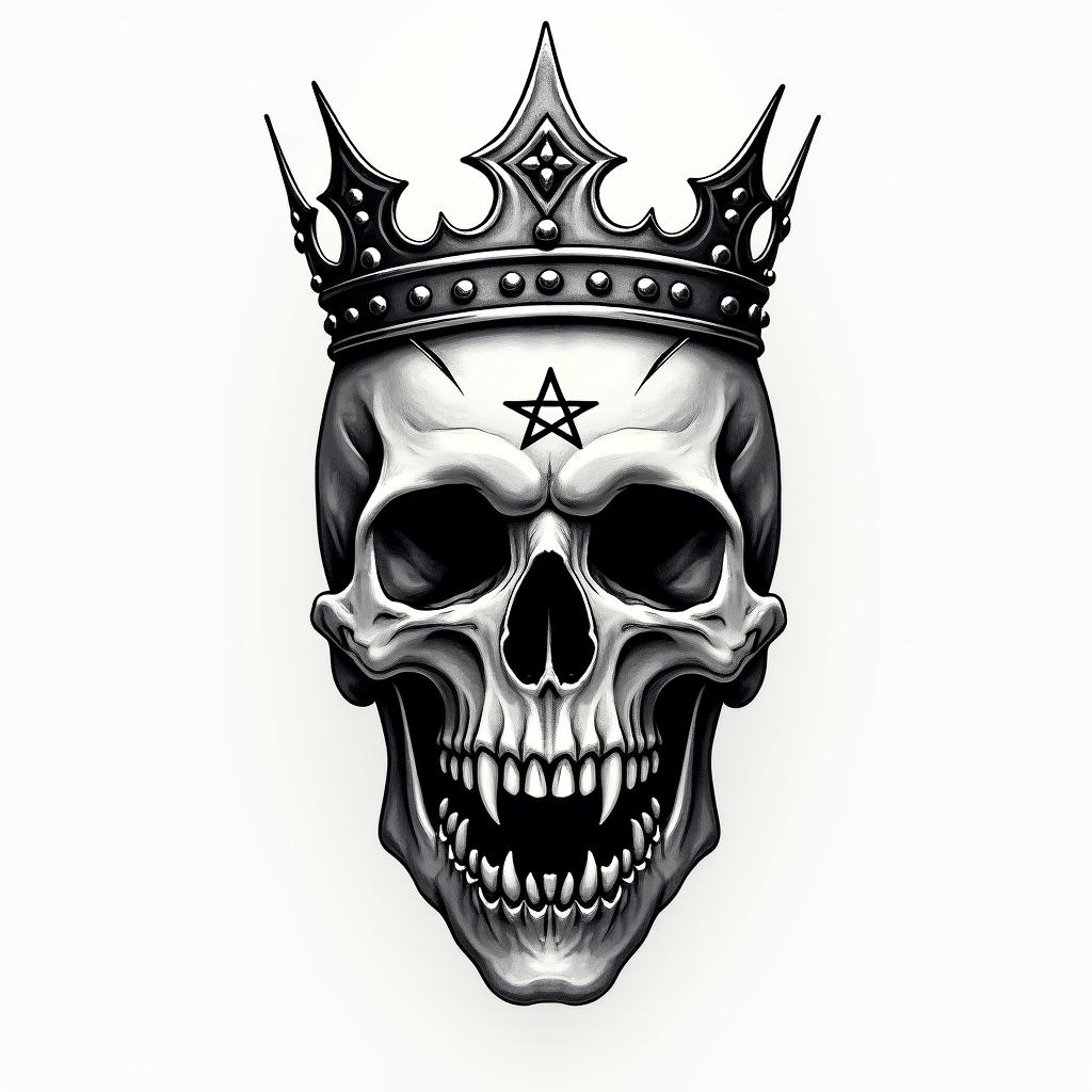 Time piece with what's a king without a crown and a simple crowncreepy horror tattoo style, featuring an eerie and unsettling skull of a demonic creature, distorted face with sharp fangs, add pentagram symbol