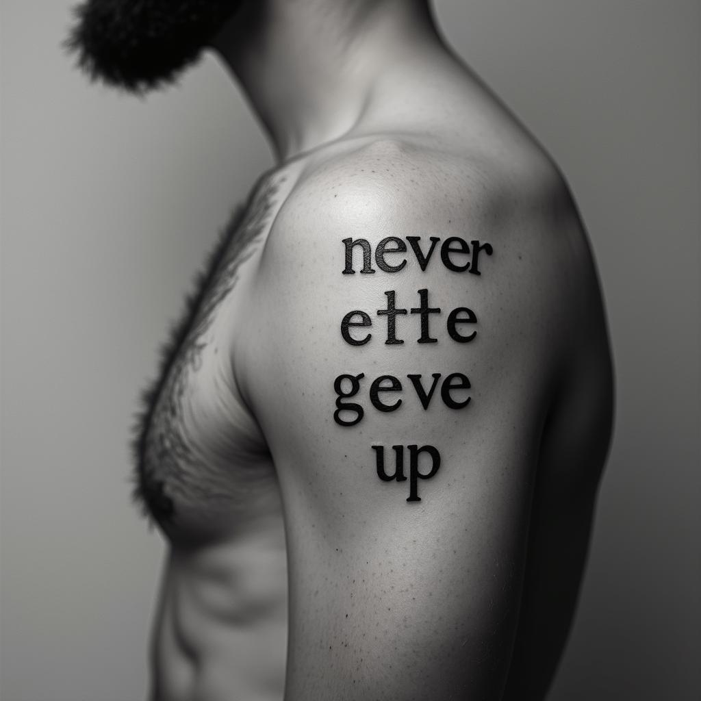 never give upminimalist text-based tattoo, Monospace font ultra-realistic, perfectly placed, high-quality font design, photo-realistic shading, 8k, high quality, finely detailed typograph - Variation 3