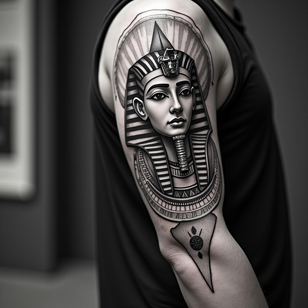 Full forearm tattoo with a mix of Virgo, Libra, and Pisces zodiac sign.in egyptian style tattoo, bold elements of ancient egyptian culture including a portrait of an Egyptian pharaoh with detailed facial features, in hieroglyphs and symbolic imagery, eye of horus, ankh symbol, scarab beetle - Variation 3