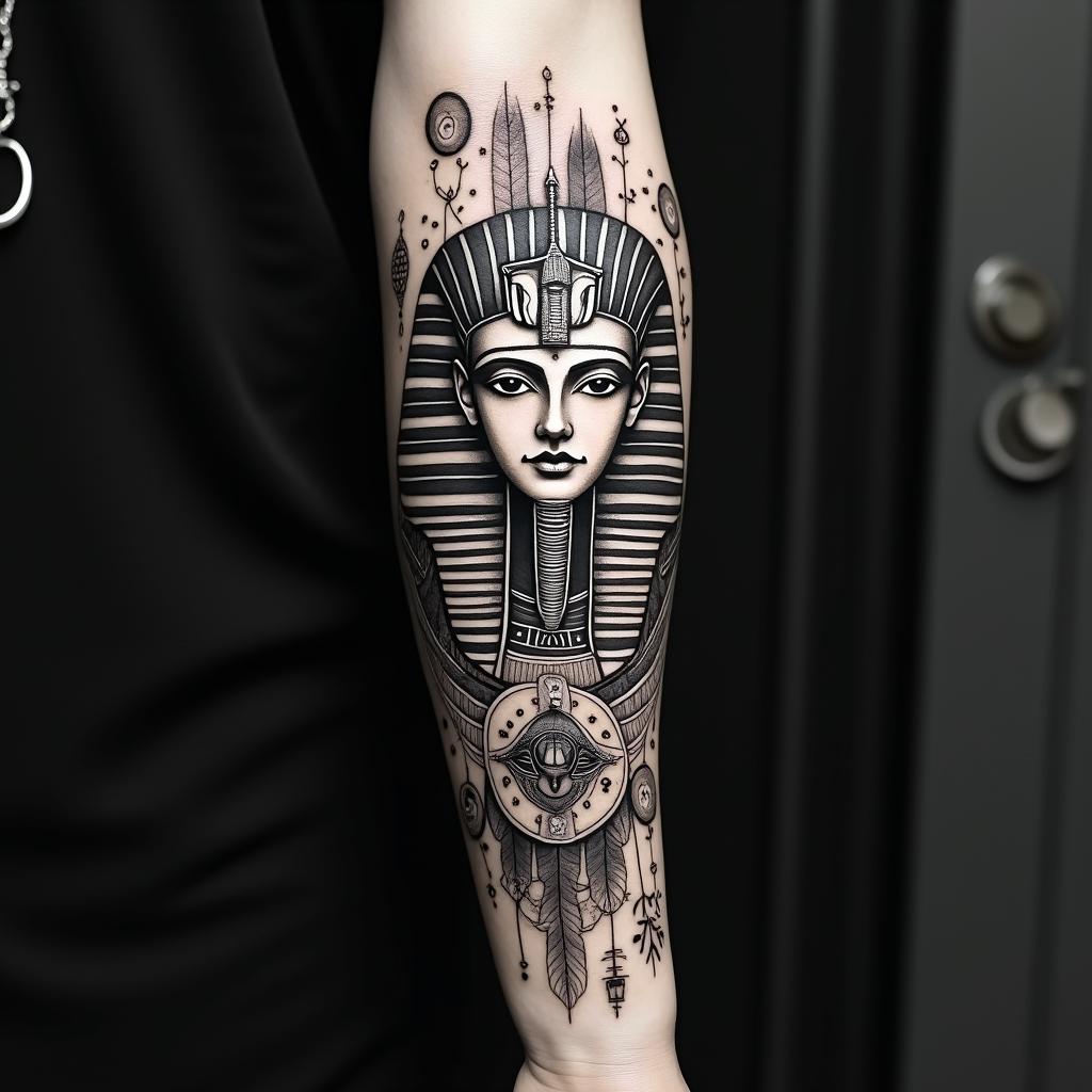 Full forearm tattoo with a mix of Virgo, Libra, and Pisces zodiac sign.in egyptian style tattoo, bold elements of ancient egyptian culture including a portrait of an Egyptian pharaoh with detailed facial features, in hieroglyphs and symbolic imagery, eye of horus, ankh symbol, scarab beetle - Variation 2