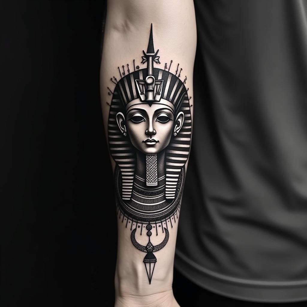 Full forearm tattoo with a mix of Virgo, Libra, and Pisces zodiac sign.in egyptian style tattoo, bold elements of ancient egyptian culture including a portrait of an Egyptian pharaoh with detailed facial features, in hieroglyphs and symbolic imagery, eye of horus, ankh symbol, scarab beetle