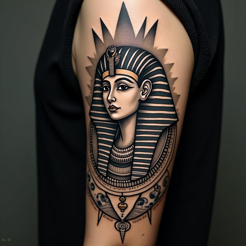 Full forearm tattoo with a mix of Virgo, Libra, and Pisces zodiac sign.in egyptian style tattoo, bold elements of ancient egyptian culture including a portrait of an Egyptian pharaoh with detailed facial features, in hieroglyphs and symbolic imagery, eye of horus, ankh symbol, scarab beetle - Variation 4