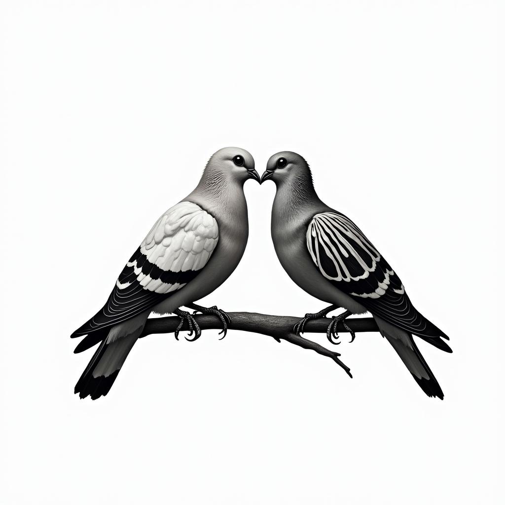 Two doves are perched on a tree branch. One is alive and the other is a skeleton. They are facing each other and their beaks are touching.text-based tattoo, gothic font ultra-realistic, perfectly placed, high-quality font design, photo-realistic shading, 8k, high quality, finely detailed typography - Variation 8