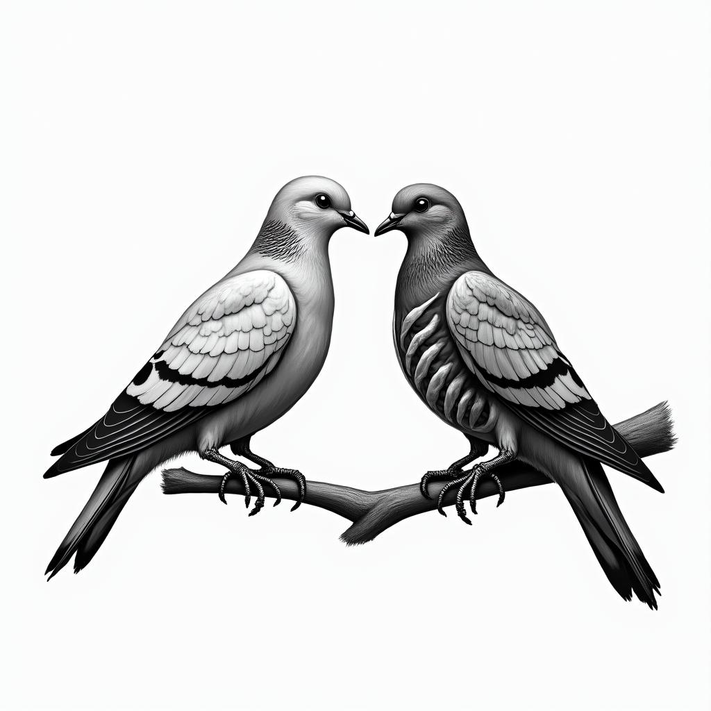 Two doves are perched on a tree branch. One is alive and the other is a skeleton. They are facing each other and their beaks are touching.text-based tattoo, gothic font ultra-realistic, perfectly placed, high-quality font design, photo-realistic shading, 8k, high quality, finely detailed typography - Variation 6