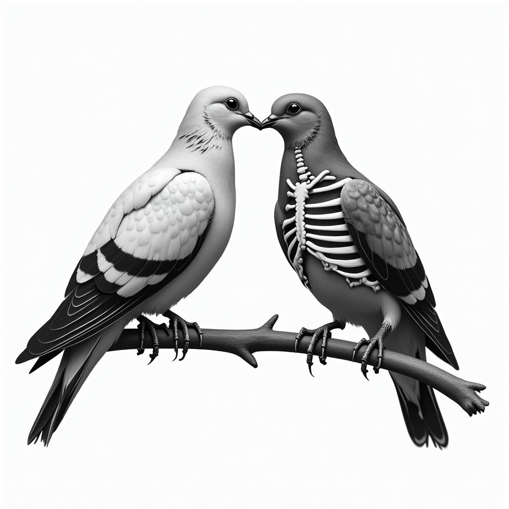 Two doves are perched on a tree branch. One is alive and the other is a skeleton. They are facing each other and their beaks are touching.text-based tattoo, gothic font ultra-realistic, perfectly placed, high-quality font design, photo-realistic shading, 8k, high quality, finely detailed typography - Variation 7