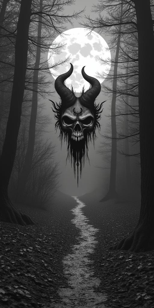 Ambiente: Foresta celtica.
Paesaggio tipico della fantasia celtica alberi , piante, animali.
Si vede la silhouette di una fata e un folletto , che appeso ad un soffione si invola verso una Grande luna troneggiante.
creepy horror tattoo style, featuring an eerie and unsettling skull of a demonic creature, distorted face with sharp fangs, add pentagram symbol