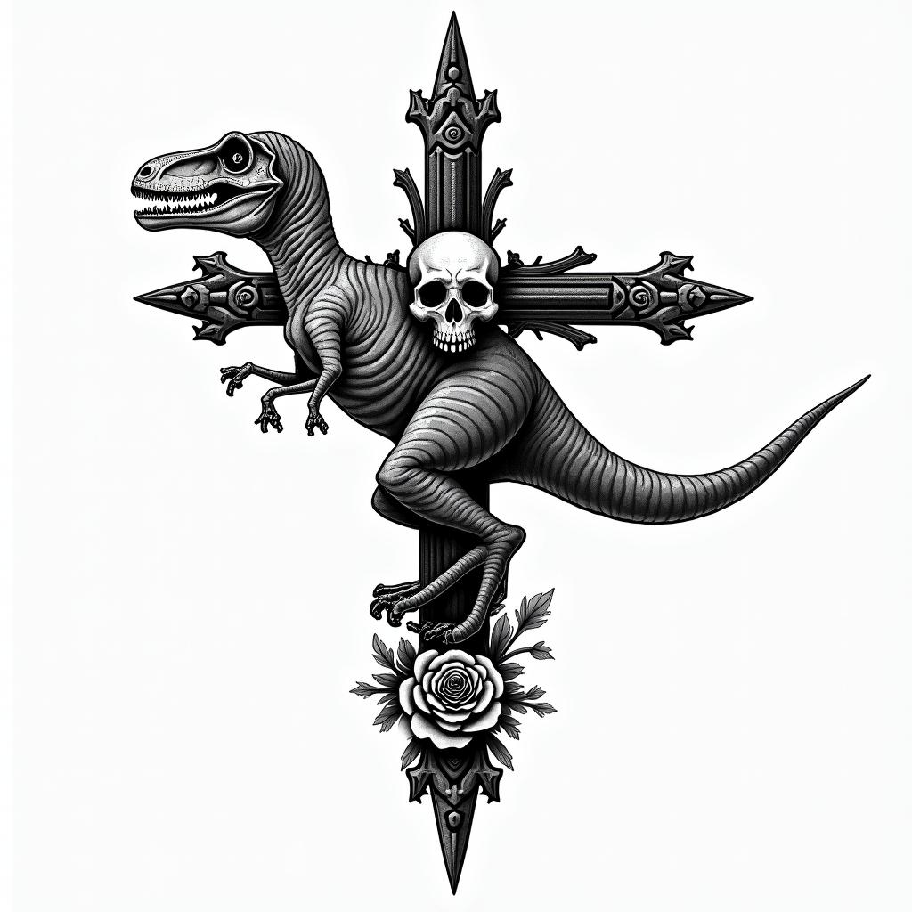 Velociraptorin chicano style tattoo, featuring intricate black and grey shading, bold elements of traditional chicano culture symbols, add a big cross with skull, chains and roses - Variation 1