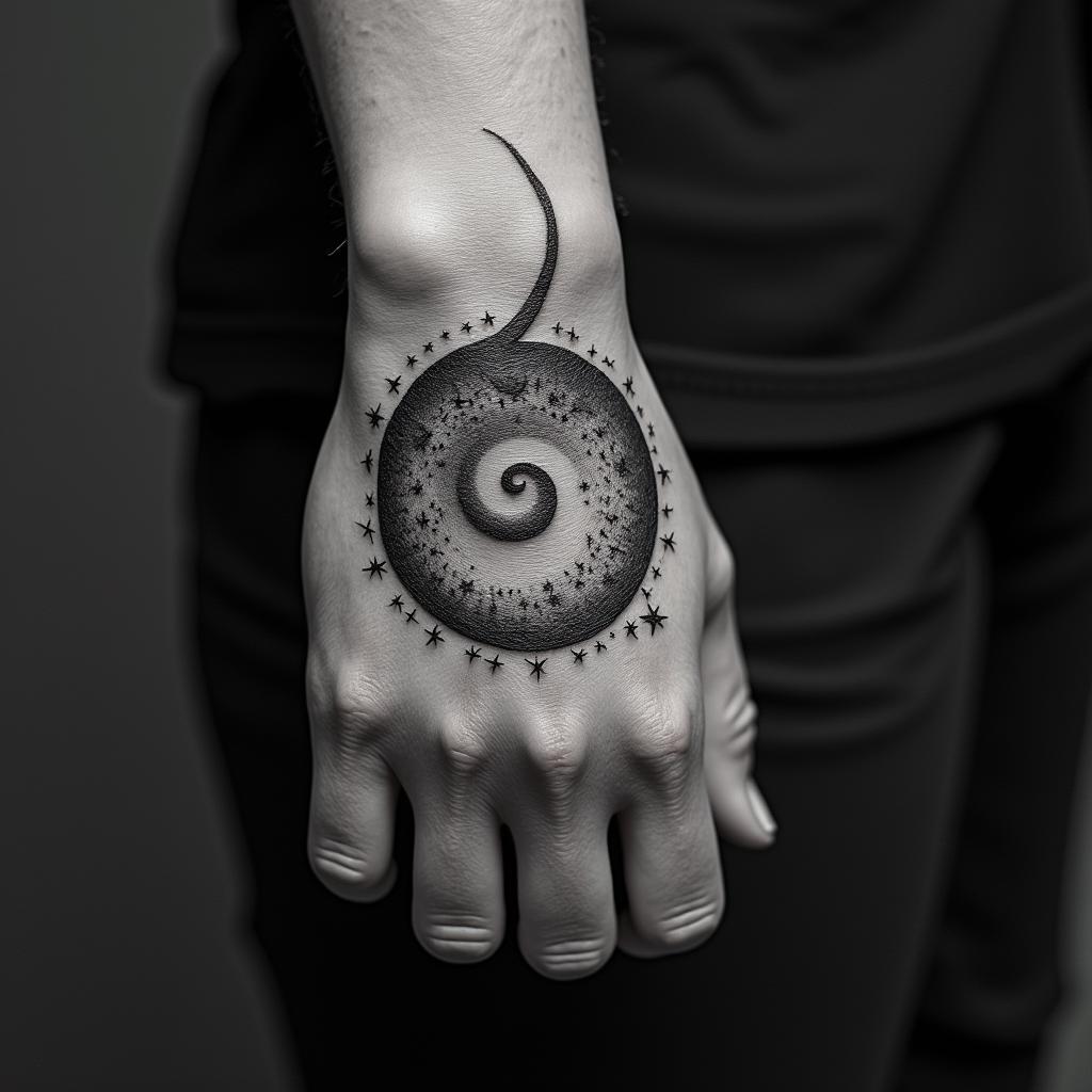 Spiral galaxy with stars and planetsin prophecy tattoo style, featuring mystical symbols, celestial imagery like stars, moons, suns, geometric patterns, foretelling elements, an eye of wisdom