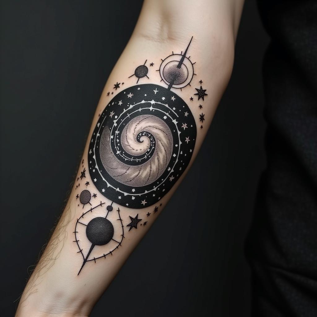 Spiral galaxy with stars and planetsin prophecy tattoo style, featuring mystical symbols, celestial imagery like stars, moons, suns, geometric patterns, foretelling elements, an eye of wisdom - Variation 2