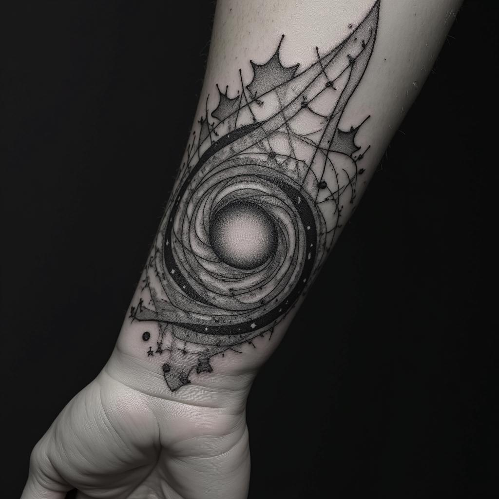 Spiral galaxy with stars and planetsin prophecy tattoo style, featuring mystical symbols, celestial imagery like stars, moons, suns, geometric patterns, foretelling elements, an eye of wisdom - Variation 3