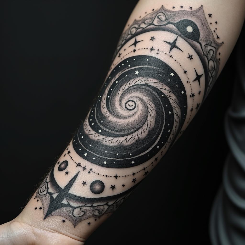 Spiral galaxy with stars and planetsin prophecy tattoo style, featuring mystical symbols, celestial imagery like stars, moons, suns, geometric patterns, foretelling elements, an eye of wisdom - Variation 4
