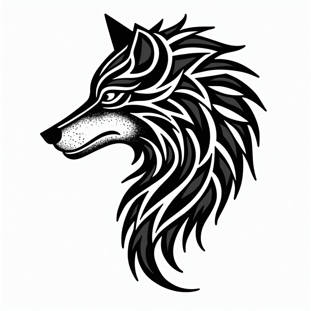 Wolfin tribal tattoo style, featuring bold and black geometric shapes, curved lines, intertwine and flow seamlessly, creating a powerful and symbolic design, polynesian and maori styles - Variation 4