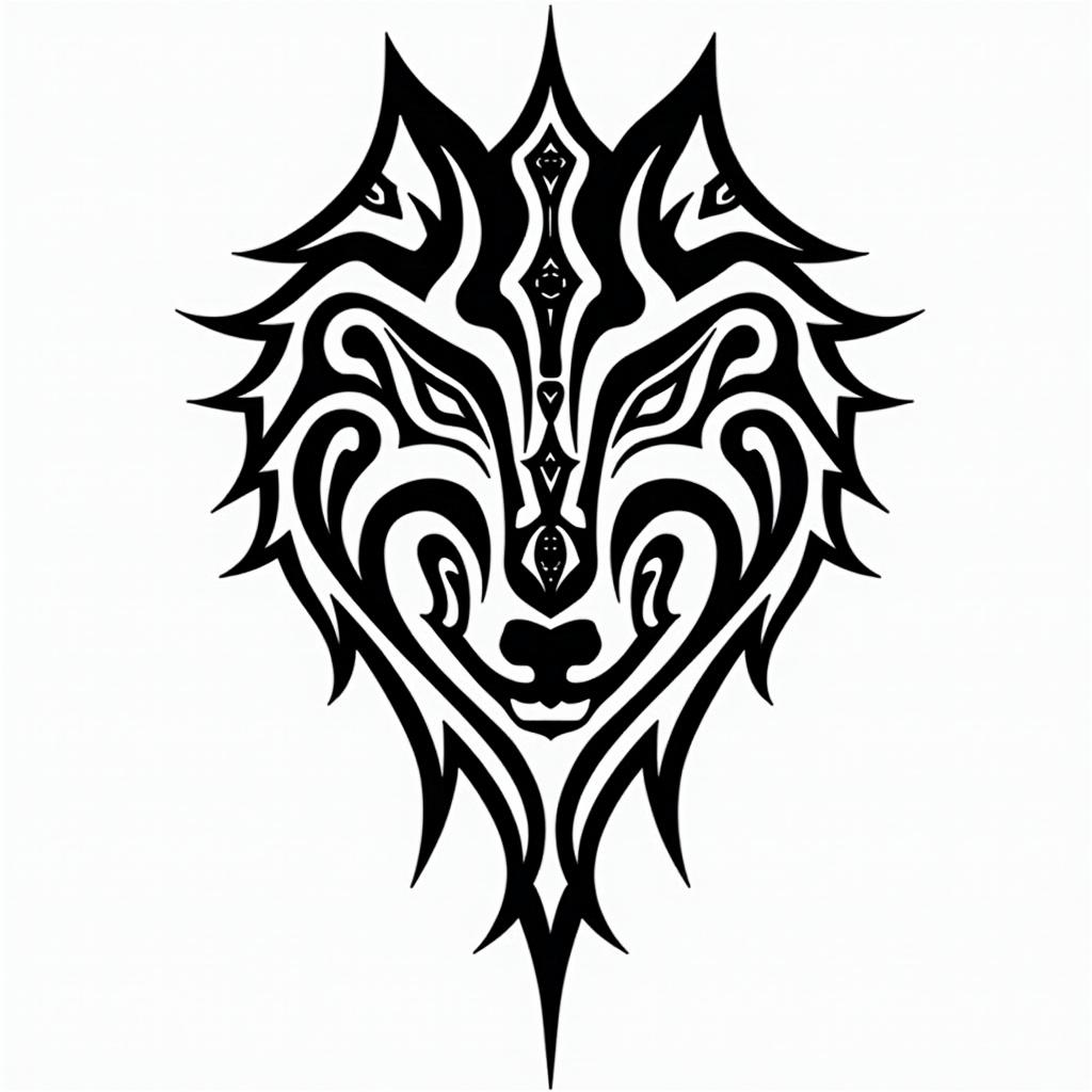 Wolfin tribal tattoo style, featuring bold and black geometric shapes, curved lines, intertwine and flow seamlessly, creating a powerful and symbolic design, polynesian and maori styles - Variation 2