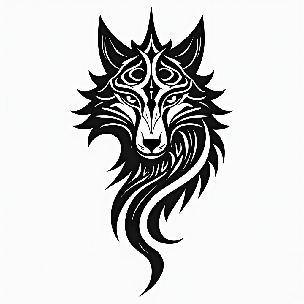 Wolfin tribal tattoo style, featuring bold and black geometric shapes, curved lines, intertwine and flow seamlessly, creating a powerful and symbolic design, polynesian and maori styles - Variation 3