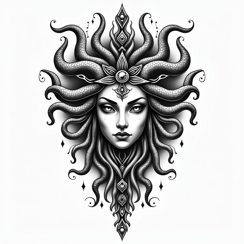 Medusain spiritual symbols tattoo style, featuring an intricate design incorporating elements, Hamsa hand, third eye, minimalist composition - Variation 7